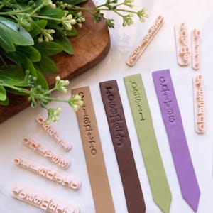May include: A selection of plant markers and number stamps in different colours. The markers are tan, brown, green, and purple, with stamped numbers. The stamps are light pink. Green leaves and a wooden board are in the background.