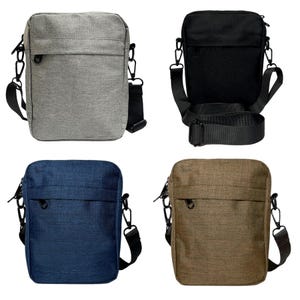 May include: Four different coloured small crossbody bags with adjustable straps. The bags are grey, black, blue, and brown.