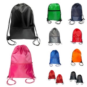 May include: A selection of drawstring bags in a range of colours: black, green, navy, grey, red, pink, blue, and orange. Each bag has a zipped front pocket and black drawstring cords for closure.