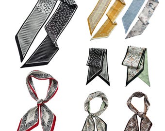 Printed Narrow Scarf for Women Slim Scarves Double Sided Printed Silky Satin Long Neck Scarf Skinny Scarves Hair Ribbon Handbag Tie