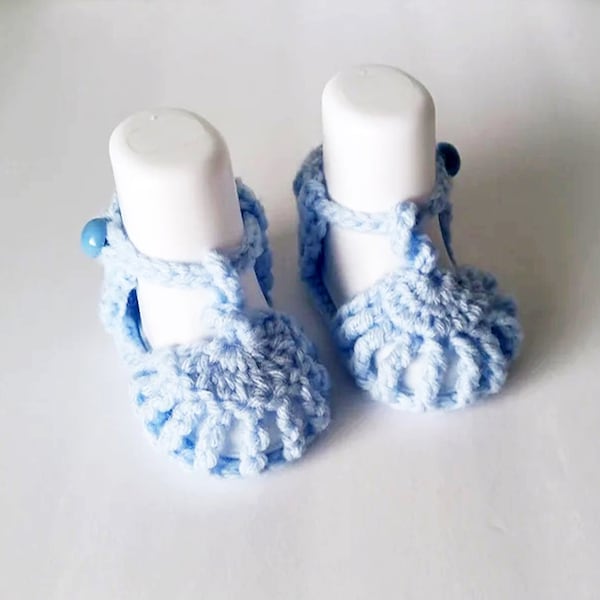 Baby Booties - Hand Crocheted Baby Sandals That Stay on - Size 0-3mo, 3-6mo, 6-9mo - Soft Blue - Ready To Ship
