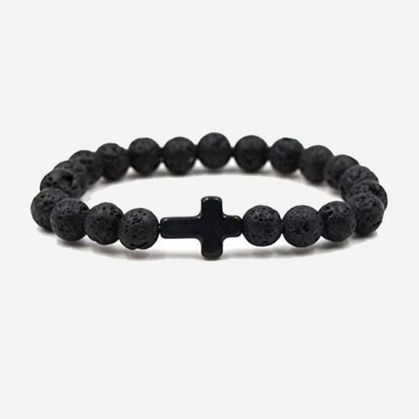 Healing Lava Stone Cross Bracelet in Midnight Black