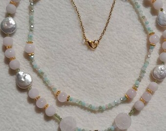 Necklace and earrings set, made with carved rose quartz and peridot  beads, and fresh-water coin peals