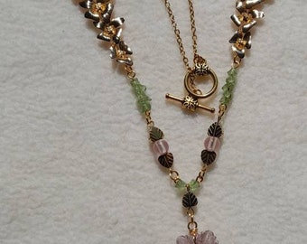Necklace with rose quartz   peridot,  and 18K gold
