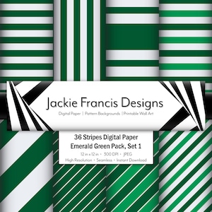 Lot de papiers de scrapbooking numériques vert émeraude et blanc à rayures et lignes, papier imprimable vert pour scrapbooking numérique