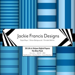 Blue Stripes Digital Paper, Dark Blue Stripes Digital Download Scrapbook Paper, 36 Digital Files, Light Blue Lined Digital Paper Pack