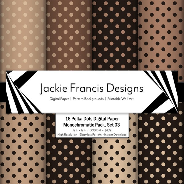 Brown Polka Dots Digital Paper Pack, Hot Chocolate Polka Dots Seamless Patterns, Brown with Cream Polka Dots Instant Download 12x12 300dpi