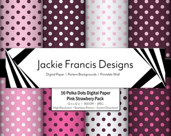 Pacote de papel digital de bolinhas rosa e branco, fundos de papel de parede de bolinhas, download instantâneo bonito em rosa, pacote de bolinhas rosa