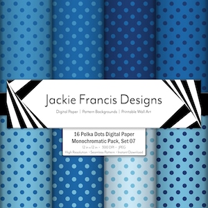 May include: A digital paper pack with 16 different blue polka dot patterns. The patterns are seamless and high resolution, perfect for crafting and design projects. The pack includes the text "16 Polka Dots Digital Paper Monochromatic Pack, Set 07 12 in x 12 in - 300 DPI - JPEG High Resolution - Seamless Pattern - Instant Download".