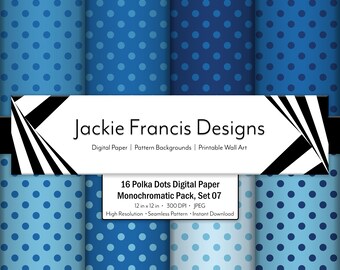 Blue Polka Dots Digital Paper Pack,  16 Blue Polka Dots Seamless Backgrounds, Blue Polka Dots Digital Scrapbooking Bundle, Instant Download