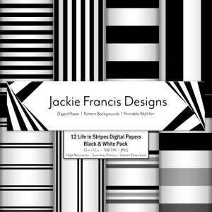 Black and White Stripes Digital Paper, Stripes Digital Download Scrapbook Paper, 12 Digital Files, Lined Digital Paper Pack
