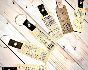 Set of 6 Building Wood and Leather Digital Custom Keychains | House, Cabin, Shed, Condo, Apartment and Office Keychains | House Warming