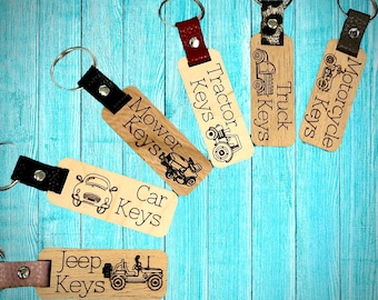 Set of 6 Vehicle Wood and Leather Custom Keychains SVG | Car, Truck, Tractor,  Mower and Motorcycle Keychains | House Warming Gift