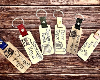 Set of 6 Building Wood and Leather Digital Custom Keychains | Cottage, Storage, Garage, Barn, Beach House and Lake House Keychains