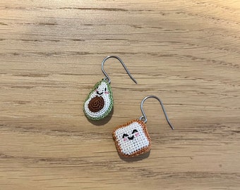 Fun Avocado and Toast Mismatched Dangle Earrings Handmade Crochet