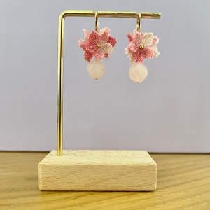 Cherry Blossom Sakura Crystal Drop Earrings Handmade Crochet Elegant