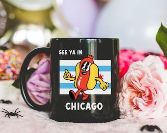 Tazza da caffè con hot dog See You In Chicago / Decorazione in vetro Tazza da caffè con animale divertente / Decorazione in vetro per la casa