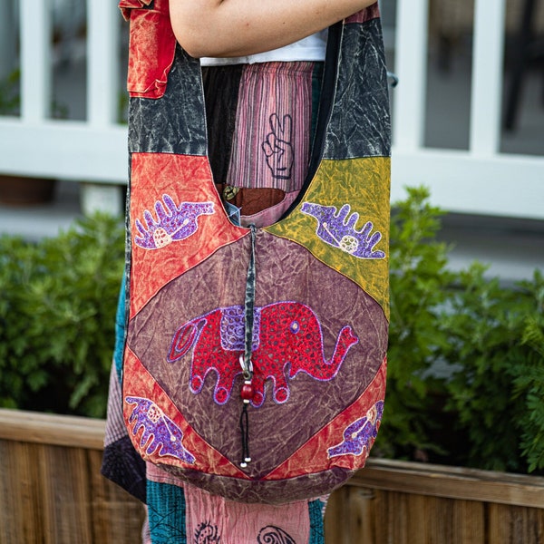 Patchwork Crossbody Bag, Elephant Embroidery Boho Chic Crossbody -Sling Stylish Rusty bag- Nepal Handmade Bag, Boho Hippie Bag, Festival Bag