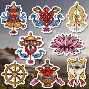Eight Auspicious Stickers/ Ashtamangala Bundle Stickers/ Buddhist stickers/ Buddhism stickers / Luck Stickers/ Water Resistant