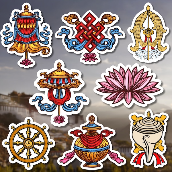 Eight Auspicious Stickers/ Ashtamangala Bundle Stickers/ Buddhist stickers/ Buddhism stickers / Luck Stickers/ Water Resistant