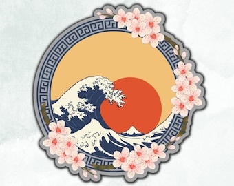 Holographic Japanese Great Wave Off Kanagawa Sticker, Rainbow Shiny Cherry Blossom sticker,bottle sticker, laptop sticker, gift sticker