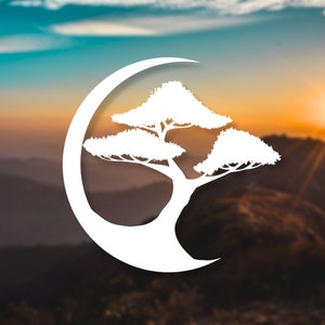 May include: A white silhouette of a bonsai tree with a crescent moon shape behind it. The image is set against a blurred background of a sunset over mountains.