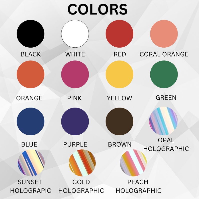 Peut inclure: Un tableau montrant 14 couleurs diff&eacute;rentes, y compris le noir, le blanc, le rouge, l'orange corail, l'orange, le rose, le jaune, le vert, le bleu, le violet, le marron, l'hologramme opale, l'hologramme coucher de soleil, l'hologramme or et l'hologramme p&ecirc;che.