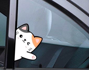 Cat Peeker Car Decal - Side Window Hello Cat Sticker, Bongo Cat Decal