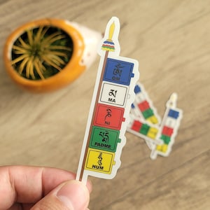 Autocollant om mani padme hum, autocollant drapeaux de prière verticaux, mantra, bouddhisme, Népal, bouddhiste, autocollant bouteille d'eau, autocollant ordinateur portable, autocollant cadeau