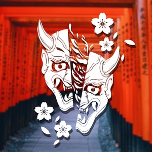 May include: A white silhouette of two Japanese demon masks with horns, set against a blurred background of red torii gates and cherry blossoms.