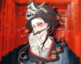 Geisha Oni Mask Decal, Japanese Girl Sticker, Anime Sakura Girl Decal, Cherry Blossom Girl Sticker, Laptop Sticker, Bottle Sticker