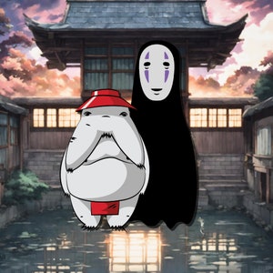 May include: A white, round, cartoon character with a red hat and a red sash stands next to a black, faceless figure with a white, spiral-shaped mask. The characters are standing in front of a traditional Japanese building.