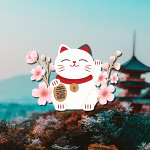 Autocollant de chat chanceux, autocollant Maneki neko en fleurs de cerisier, autocollant de prospérité, autocollant de voiture, autocollant d’ordinateur portable, autocollant cadeau, autocollant de bouteille d’eau