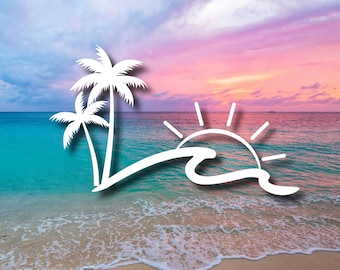Sunset Wave Decal - Nature Lover's Sticker, Palm Tree Decal, Outdoor Adventure lover Vinyl, Wilderness  Decal, Sunset Decal, Ocean Decal