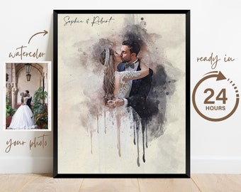 Watercolor Couple Portrait Painting from Photo, 1st Anniversary Gift, Custom Anniversary Gift for Husband, Personalized Watercolor Portrait