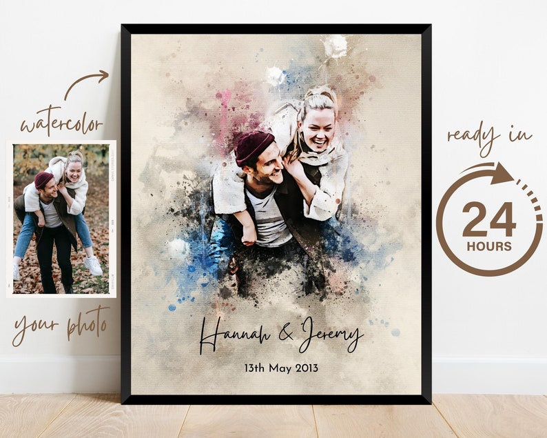 Wedding Anniversary Gift for Wife Husband, Watercolor Couple Portrait Painting from Photo, Engagement Gift, 1st Anniversary Gift, Wall Art image 7