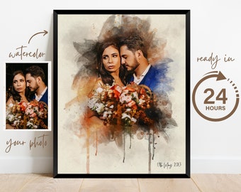 Aquarelle personnalisée Couple Peinture Portrait à partir de la photo, Cadeau de mariage d’anniversaire personnalisé pour femme Mari Couple, Portrait de famille personnalisé