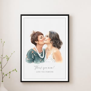 May include: Framed watercolor print featuring two women, one kissing the other on the cheek. The print includes the text "Thank you mom!" and "Love you forever" in elegant script. The women are depicted in soft colors.