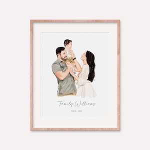 May include: A framed watercolor portrait of a family. The artwork depicts a man, woman, and child. The man is wearing a green shirt, the woman a white dress. The text "Family Williams Since 2025" is at the bottom.