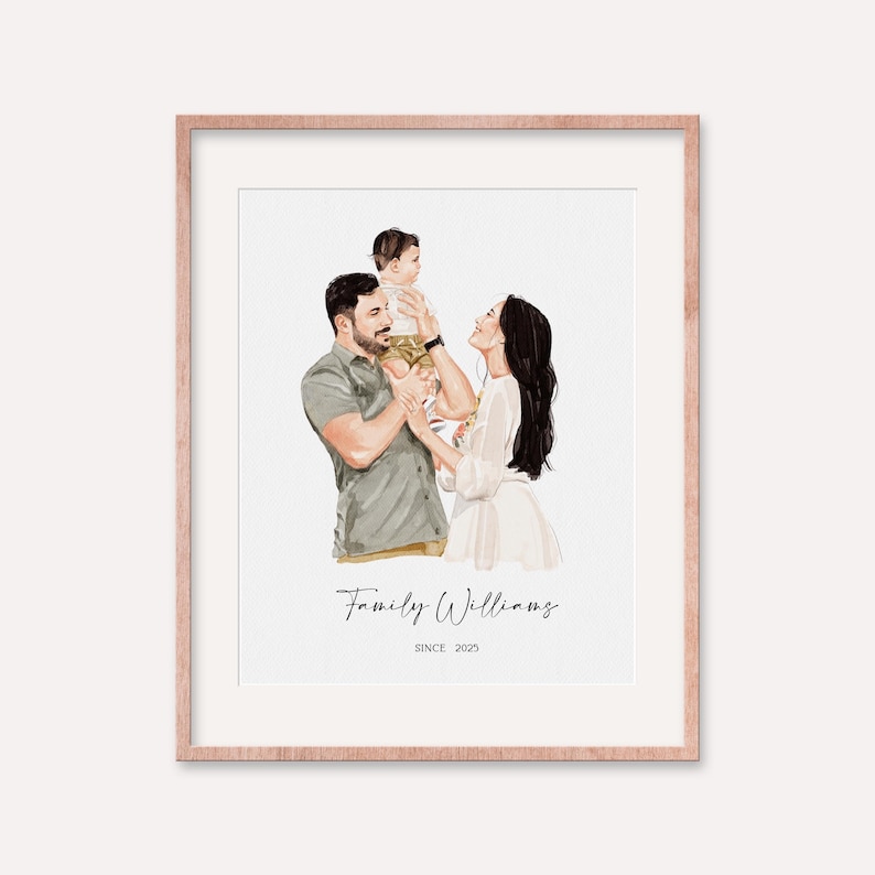 May include: A framed watercolor portrait of a family. The artwork depicts a man, woman, and child. The man is wearing a green shirt, the woman a white dress. The text "Family Williams Since 2025" is at the bottom.