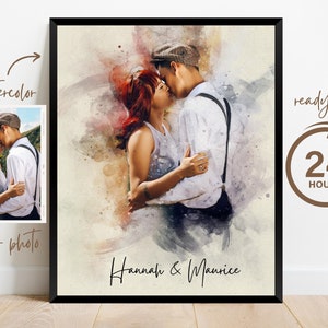 Wedding Anniversary Gift for Wife Husband, Watercolor Couple Portrait Painting from Photo, Engagement Gift, 1st Anniversary Gift, Wall Art image 9