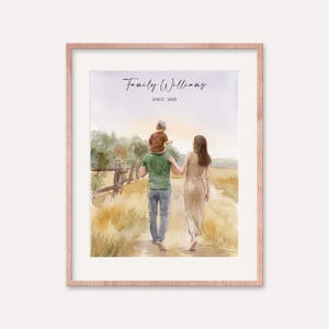 May include: Watercolor family portrait in a rose gold frame. The artwork depicts a family of three walking on a path, with a child on the father's shoulders. The text "Family Williams Since 2025" is at the top.