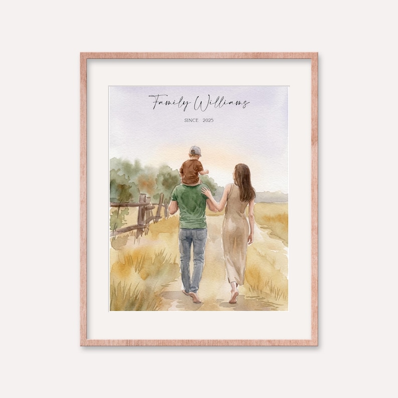 May include: Watercolor family portrait in a rose gold frame. The artwork depicts a family of three walking on a path, with a child on the father's shoulders. The text "Family Williams Since 2025" is at the top.