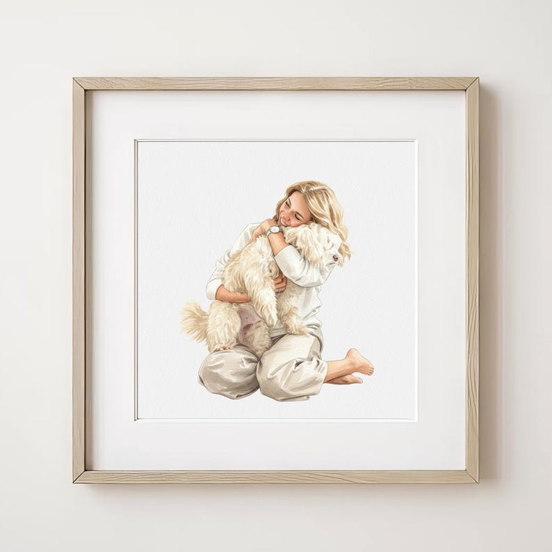 May include: A framed print featuring a person kneeling and embracing a fluffy, cream-colored dog. The person has blonde hair and is wearing a white sweater and light-colored pants. The artwork is set against a white background.