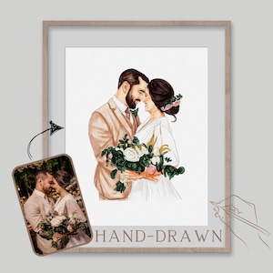 May include: A hand-drawn illustration of a couple in wedding attire. The groom is wearing a beige suit and the bride is wearing a white dress with a floral crown. They are holding a bouquet of flowers.