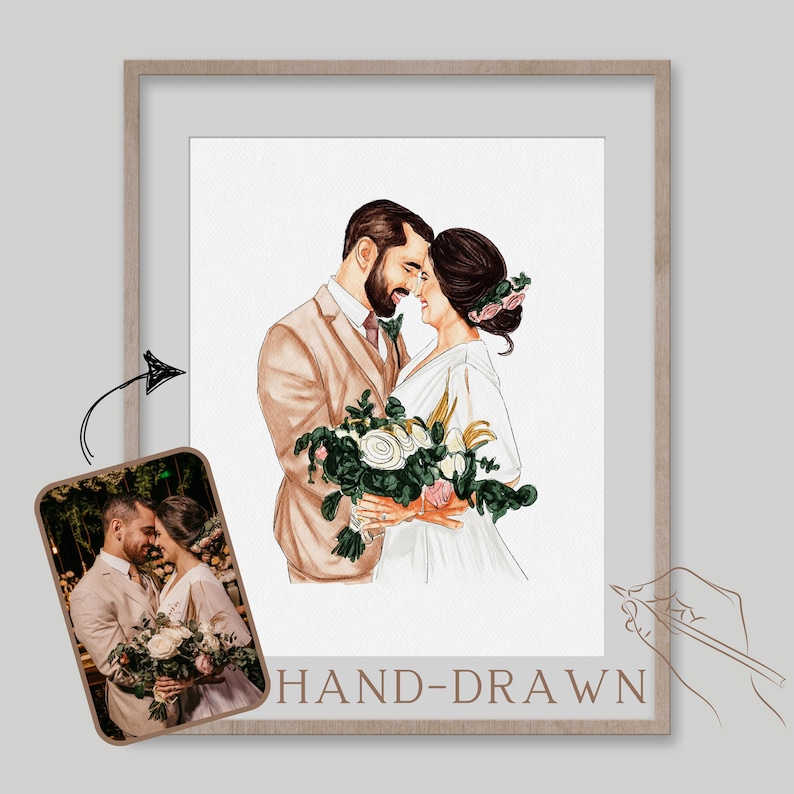 May include: A hand-drawn illustration of a couple in wedding attire. The groom is wearing a beige suit and the bride is wearing a white dress with a floral crown. They are holding a bouquet of flowers.