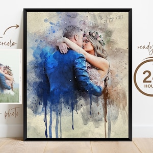 Wedding Anniversary Gift for Wife Husband, Watercolor Couple Portrait Painting from Photo, Engagement Gift, 1st Anniversary Gift, Wall Art image 1