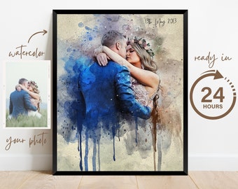 Regalo de aniversario de bodas para esposa esposo, acuarela Pareja Retrato Pintura de foto, Regalo de compromiso, Regalo de 1er aniversario, Arte mural