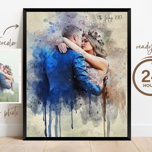 Wedding Anniversary Gift for Wife Husband, Watercolor Couple Portrait Painting from Photo, Engagement Gift, 1st Anniversary Gift, Wall Art