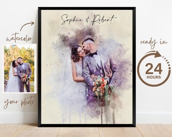 Aquarelle Portrait de couple Peinture à partir de la photo, Cadeau d’anniversaire de mariage pour femme Mari, Cadeau de fiançailles, Cadeau du 1er anniversaire, Mémorial